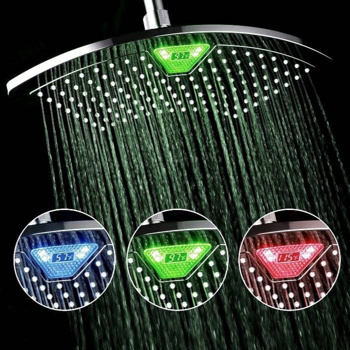 A rainfall shower head with LED lights