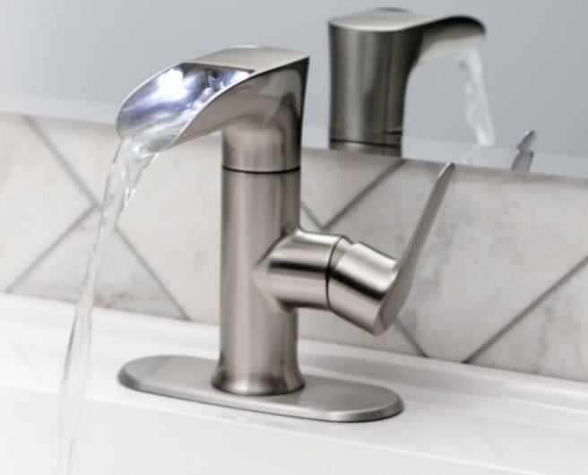 A brushed nickel LED faucet