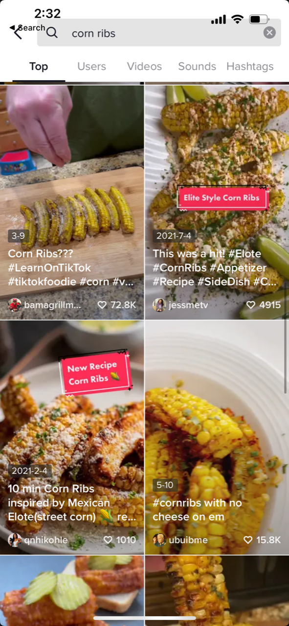 A screenshot from TikTok of different corn &quot;rib&quot; recipes