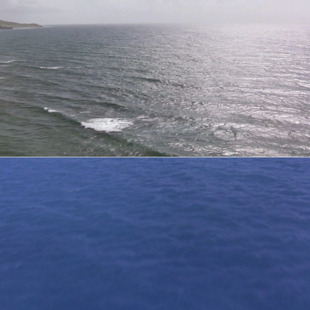 Dull grey vs. bright blue ocean