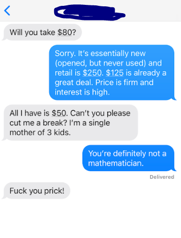 Text exchange ending with, &quot;Fuck you prick!&quot;