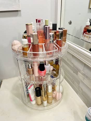 a review photo of makeup organized