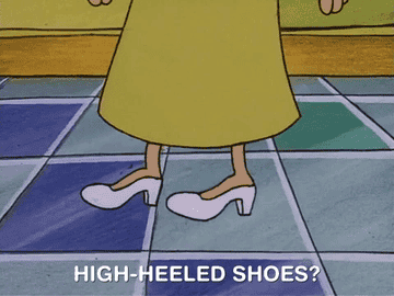 GIF of character from &quot;Hey Arnold&quot; wearing white heels saying, &quot;High-heeled shoes?&quot;