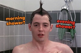 Ferris Bueller standing in the shower with his hair shaped into a mohawk with morning shower typed on one side of his face and evening shower typed on the other