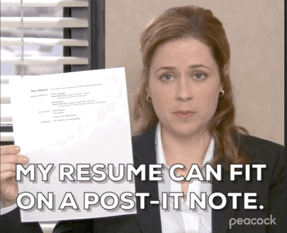 Pam from The Office holding up a résumé with the text below: &quot;My resume can fit on a Post-it note&quot;