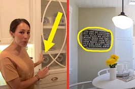 joanna gaines pointing to a cabinet and a circle around a wordy sign in a kitchen that says "you are my sunshine"