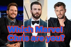 Chris Pratt, Evans, and Hemsworth are shown labeled, "Which Marvel Chris are you?"