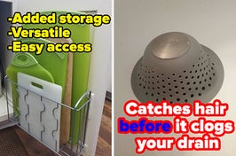 L: a reviewer photo of a cabinet-mounted rack filled with cutting board and text reading 'added storage, versatile, easy access", R: a reviewer photo of a silicone drain cover and text reading "Catches hair before it clogs your drain"