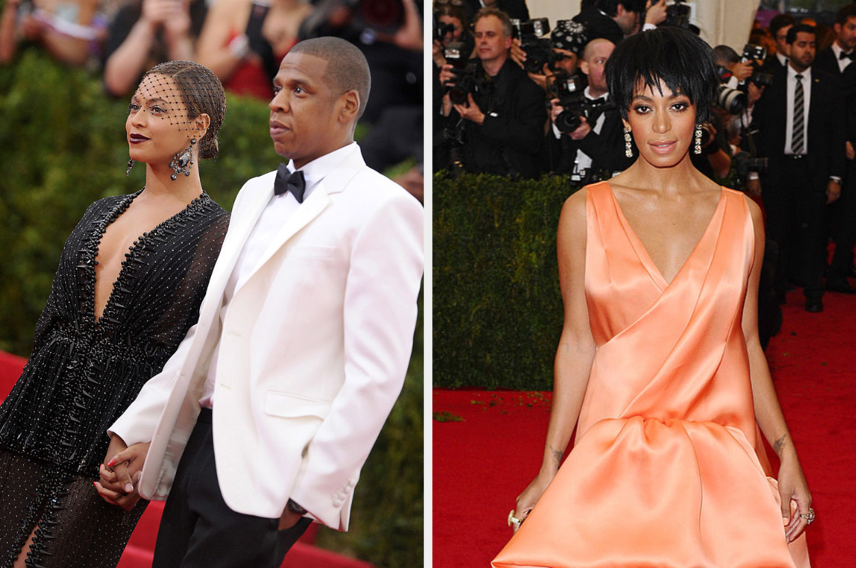 Beyoncé and Jay-Z arm in arm at the Met Gala and Solange on the right
