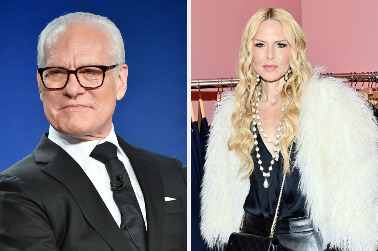 Tim Gunn in a suit and Rachel Zoe in a necklace and low-cut top with fur wrap