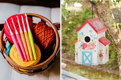 Colorful crochet hooks on colorful yarn and a colorful bird house 