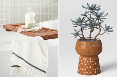 A wood bath tray on the left and a ceramic planter with a face on it on the right