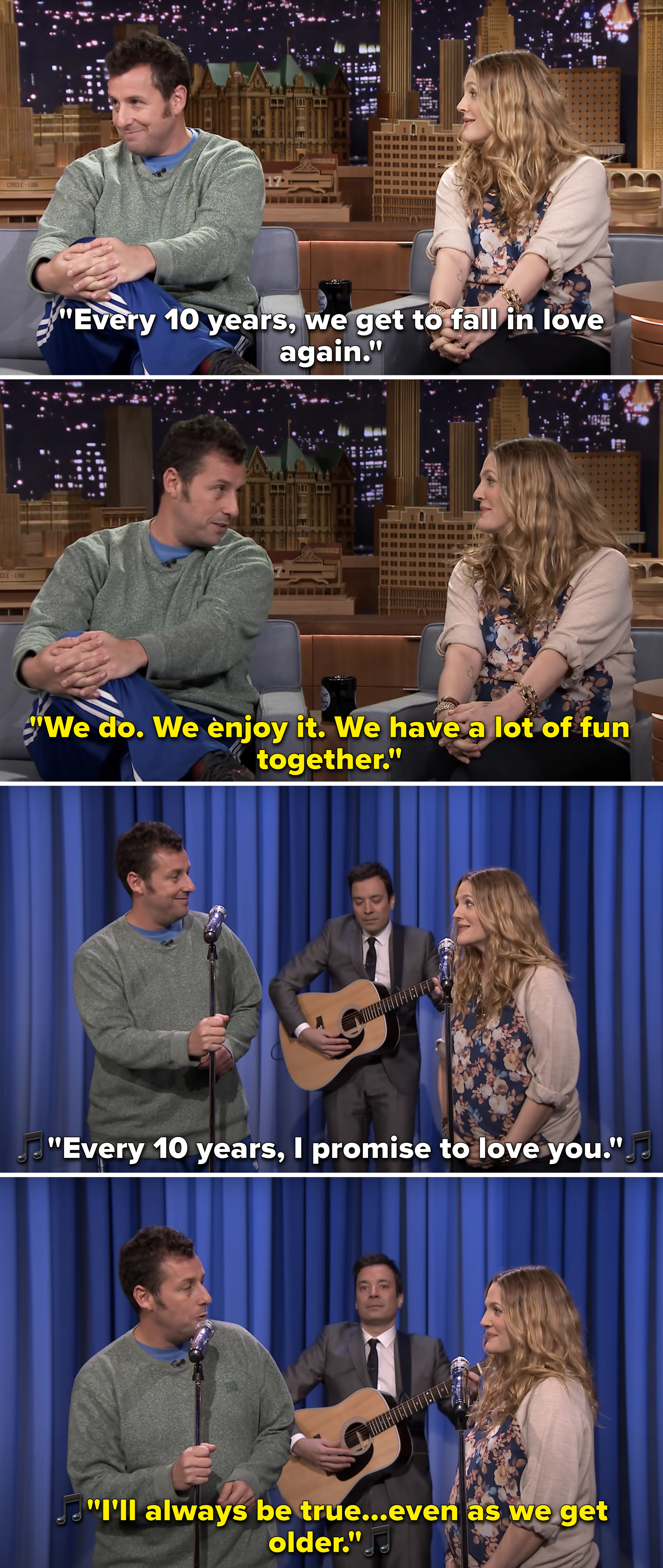 Adam Sandler and Drew Barrymore singing on &quot;The Tonight Show with Jimmy Fallon&quot; as Jimmy Fallon plays guitar