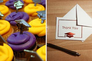 Split frame of graduation cupcakes and graduation thank you card stationery