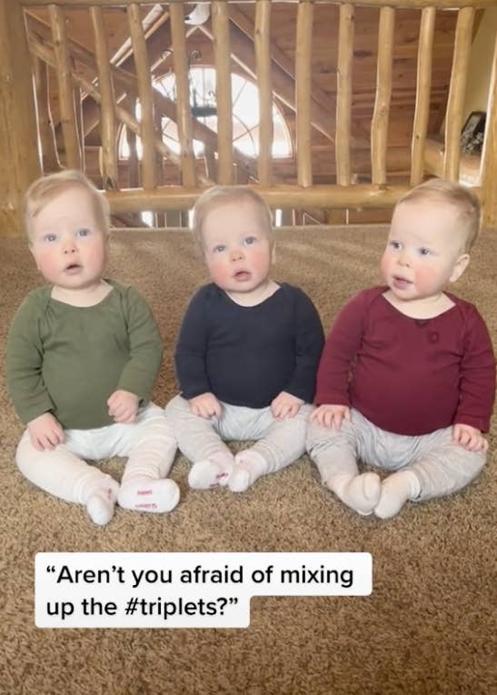 A photo of the triplets with a caption asking if she&#x27;s afraid of mixing them up