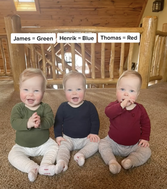 The triplets lined up with a caption identifying which color goes with which baby