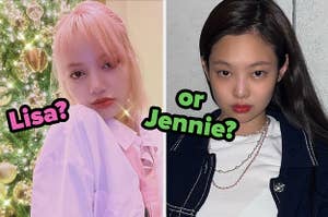 on the left, lisa has chin-length hair with bangs and wears a button down shirt. on the right, jennie has long, slick hair and wears a t-shirt with metal chains. they both have completely relaxed faces, mouths closed
