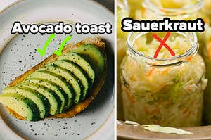 Sliced avocado on toast and a jar of sauerkraut