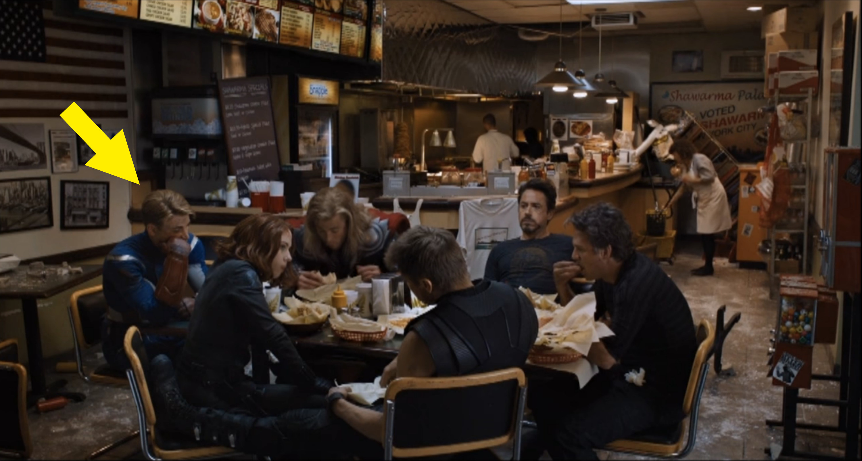 The Avengers eating shawarma at the end of &quot;The Avengers.&quot;