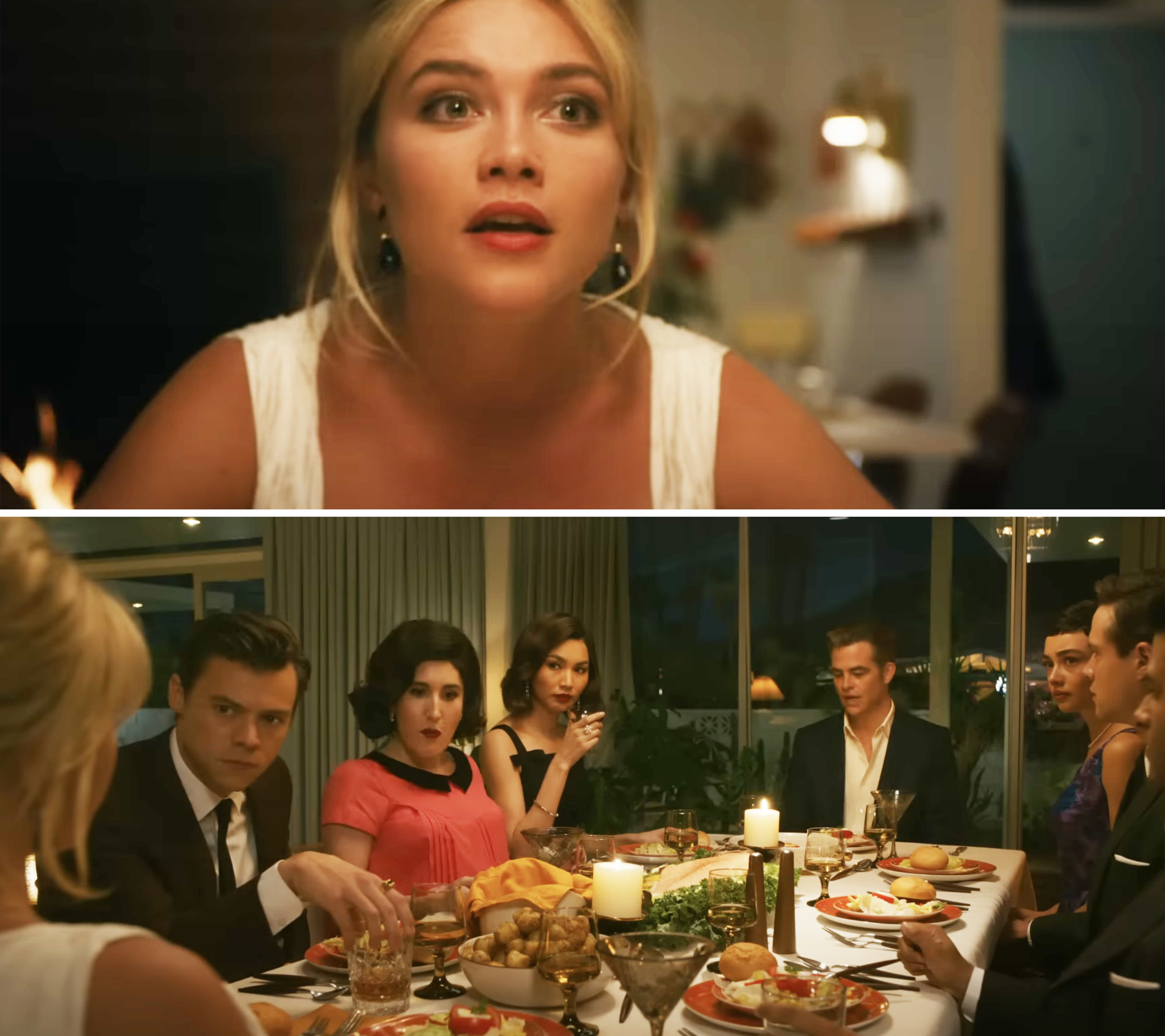 Florence Pugh, Harry Styles, Gemma Chan, Chris Pine, and more at the dinner table in &quot;Don&#x27;t Worry Darling&quot;