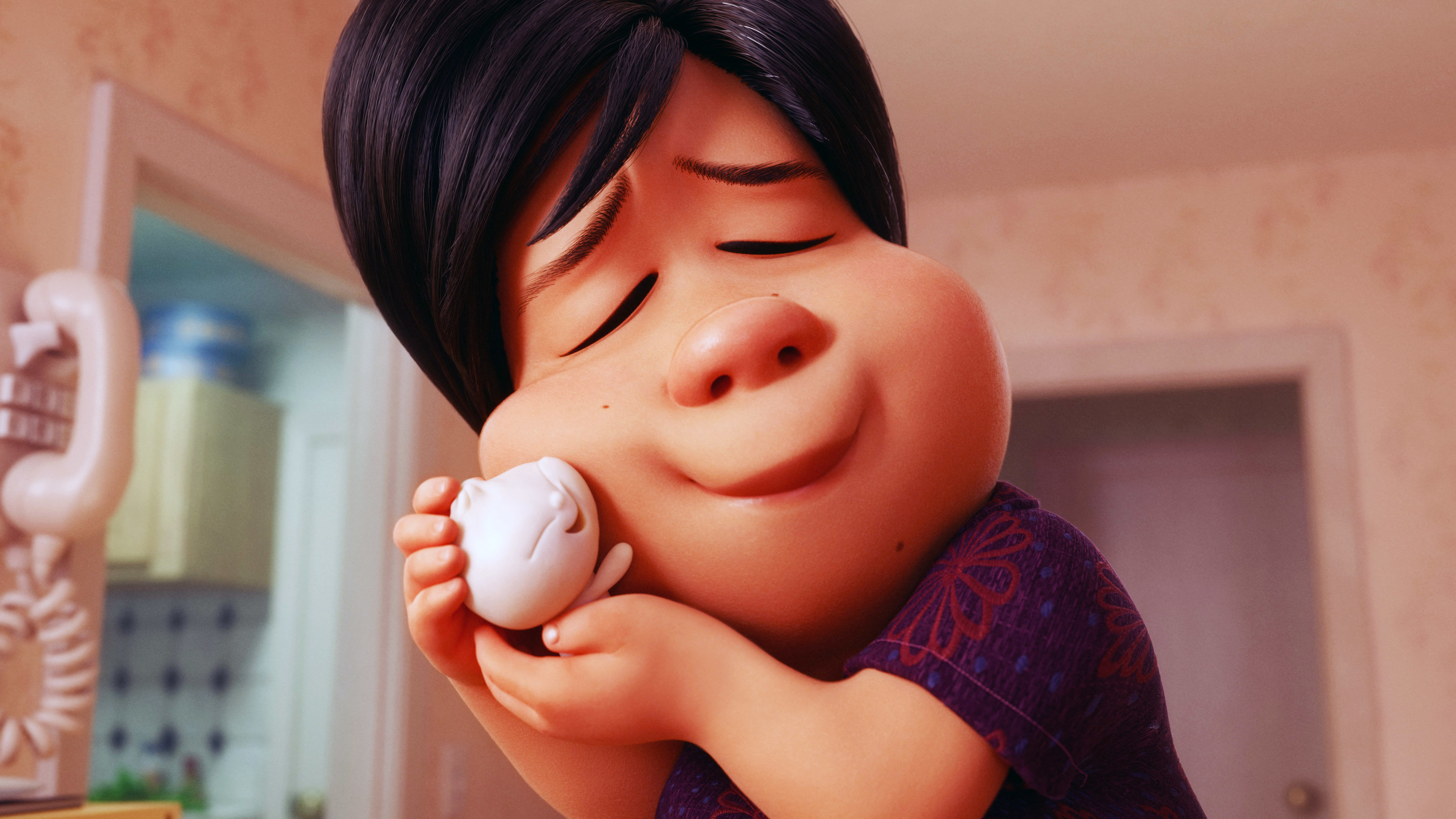 An animated woman holds a bao to her face
