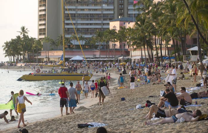 Many people on a beach.