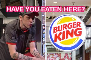 Pete Davidson as a Burger King employee next to a Burger King sign and the words "have you eaten here?"