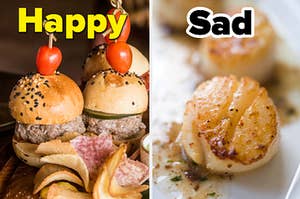 Sliders are on the left labeled, "happy" with scallops on the right labeled, "sad"