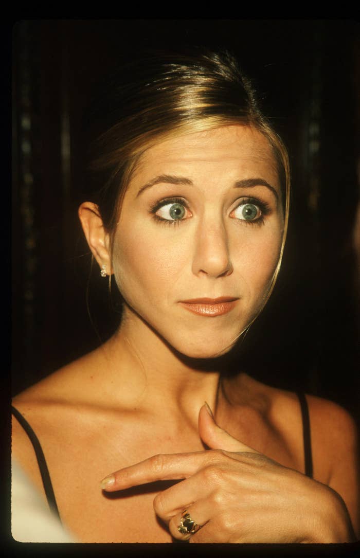Jennifer Aniston with a surprised look on her face.