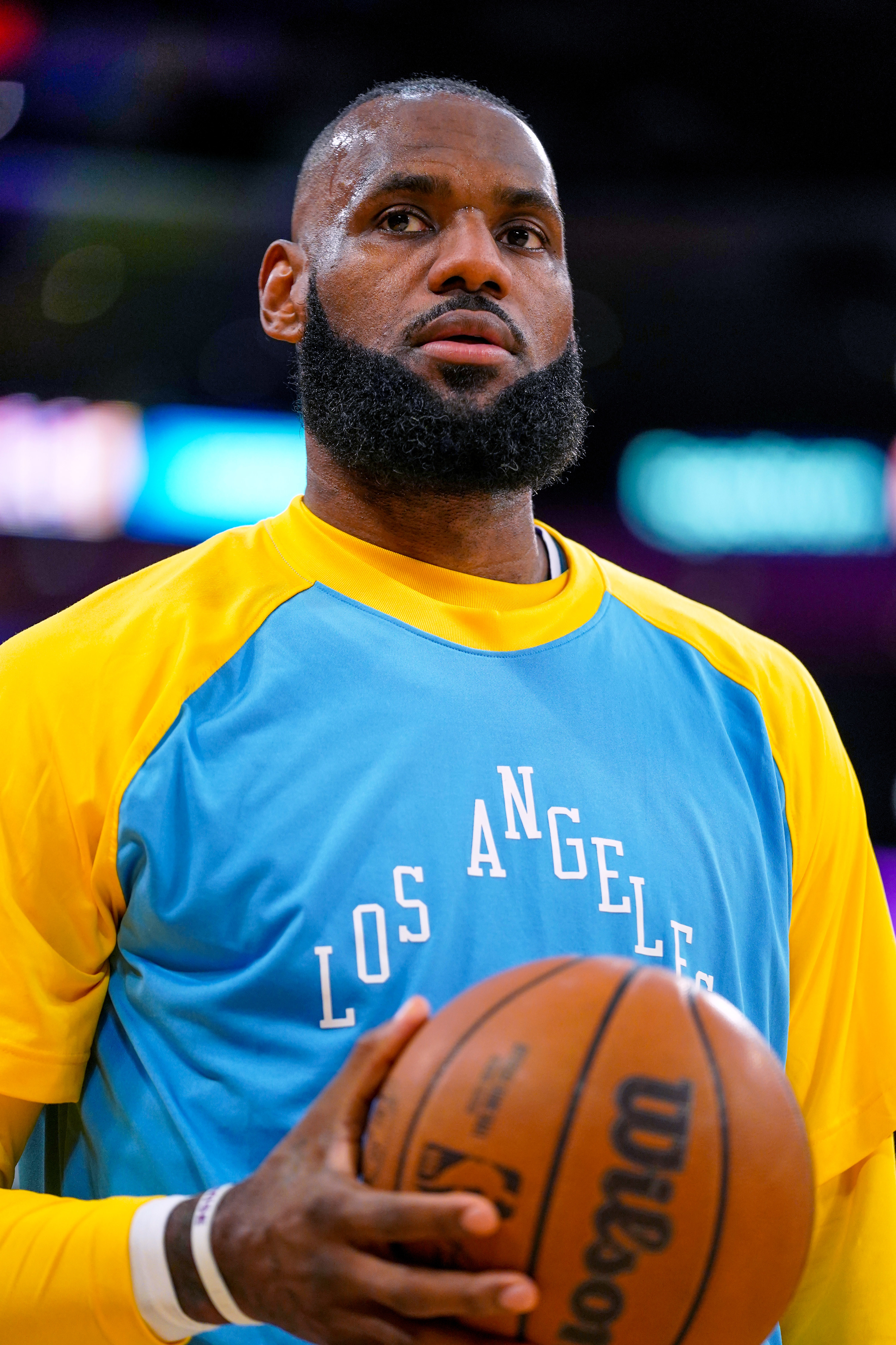 LeBron James is pictured in his Los Angeles Lakers gear as he prepares for a game against the New Orleans Pelicans on April 1, 2022