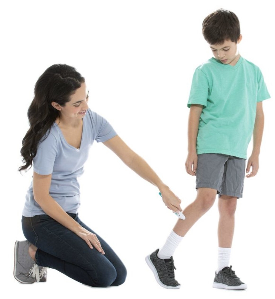 Model applying the bite away device onto a child&#x27;s leg