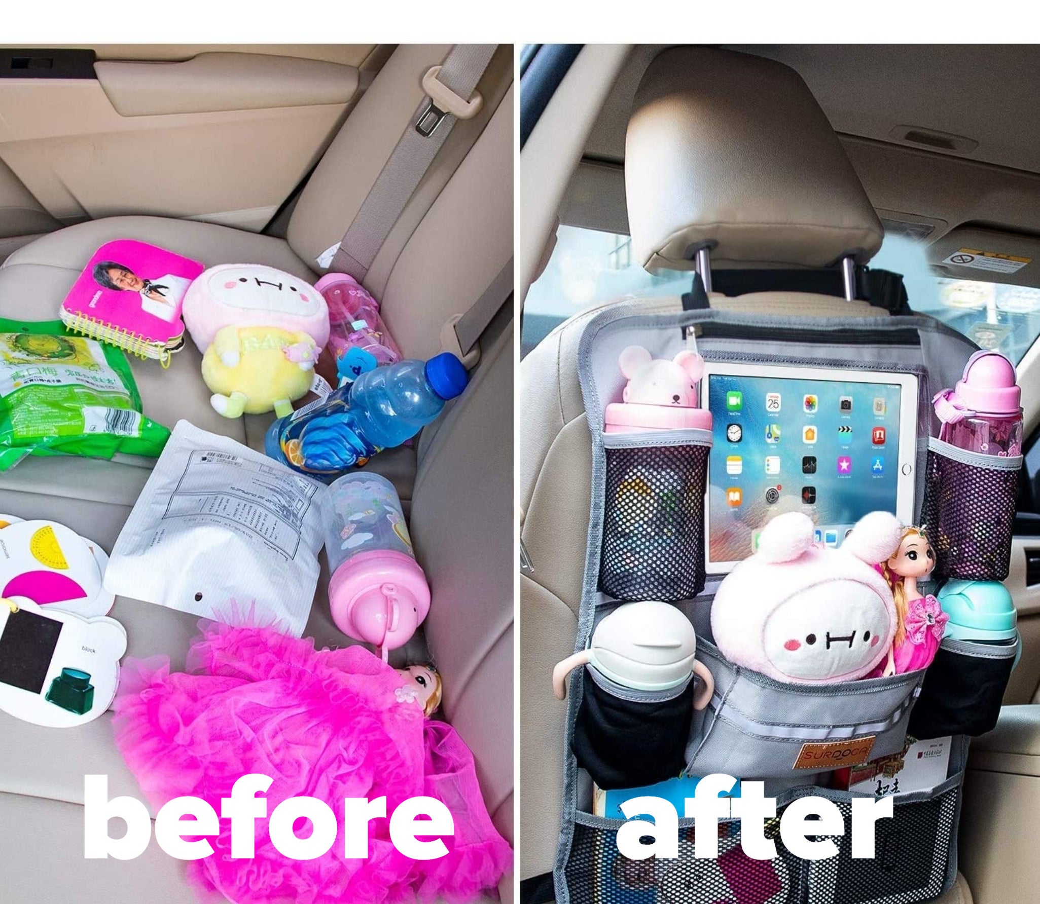 A messy car seat and car seat organizer filled with toys