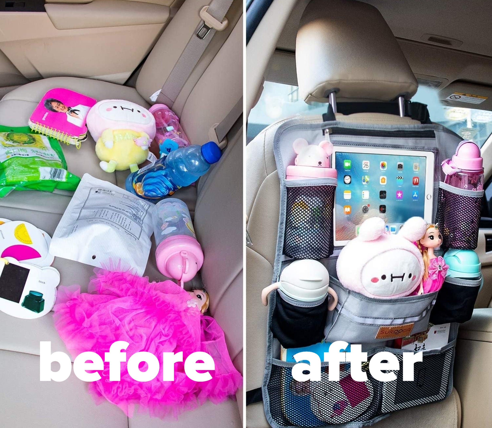 A messy car seat and car seat organizer filled with toys