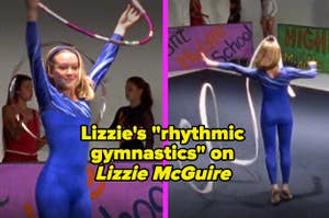 Lizzie doing "rhythmic gymnastics" with a hula hoop and ribbon on Lizzie McGuire