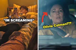 Charlie from Heartstopper sits on the bed and texts i'm screaming, and on the right, Olivia Colman driving a car with an arrow pointing to her