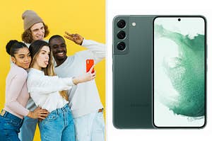 Friends gather together to take a group selfie versus a Samsung Galaxy