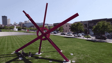 A drone shot of two art sculptures at the Pappajohn Sculpture Park in Des Moines