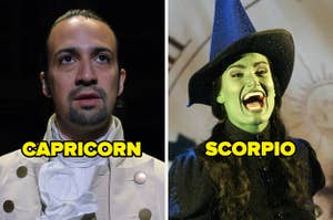 On the left, Lin-Manuel Miranda Hamilton in Hamilton labeled Capricorn, and on the right, Idina Menzel as Elphaba in Wicked labeled Scorpio