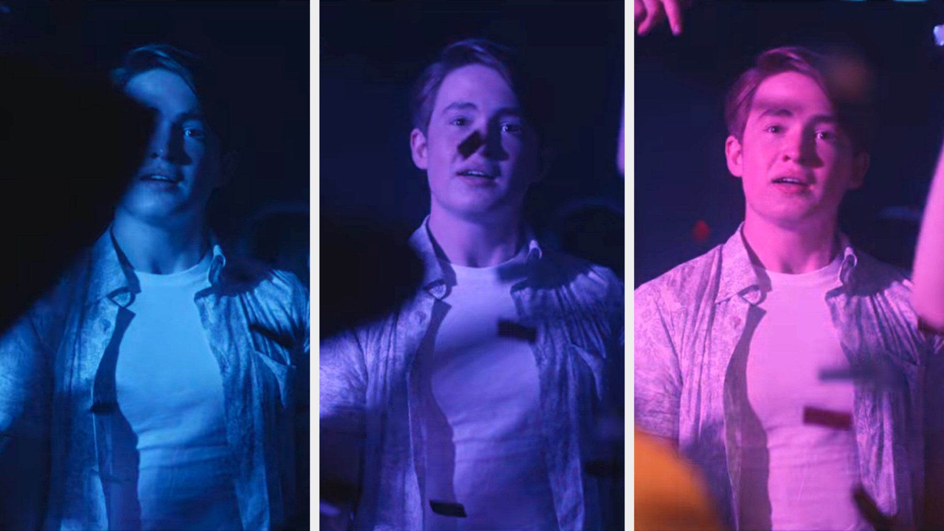 Nick under blue, purple, and pink lights