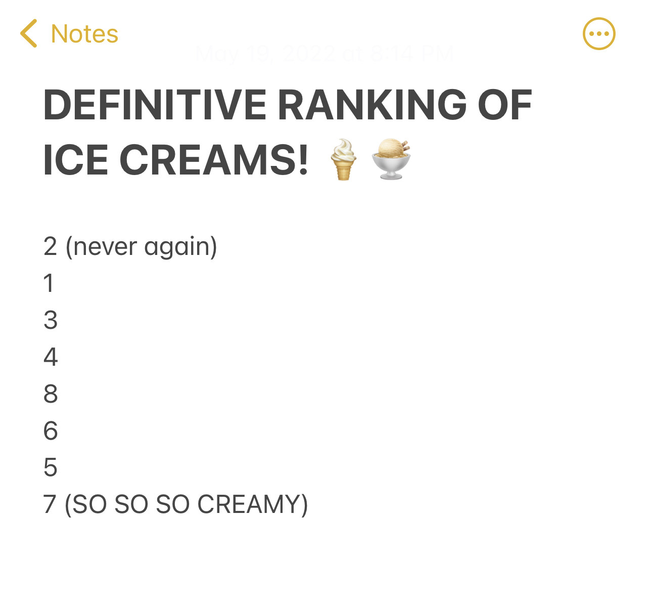 A notes app list titled &quot;DEFINITIVE RANKING OF ICE CREAMS&quot; with rankings 1, 2, and 7 filled out, others left blank