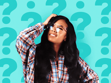 a woman thinking and scratching her head with question marks behind her