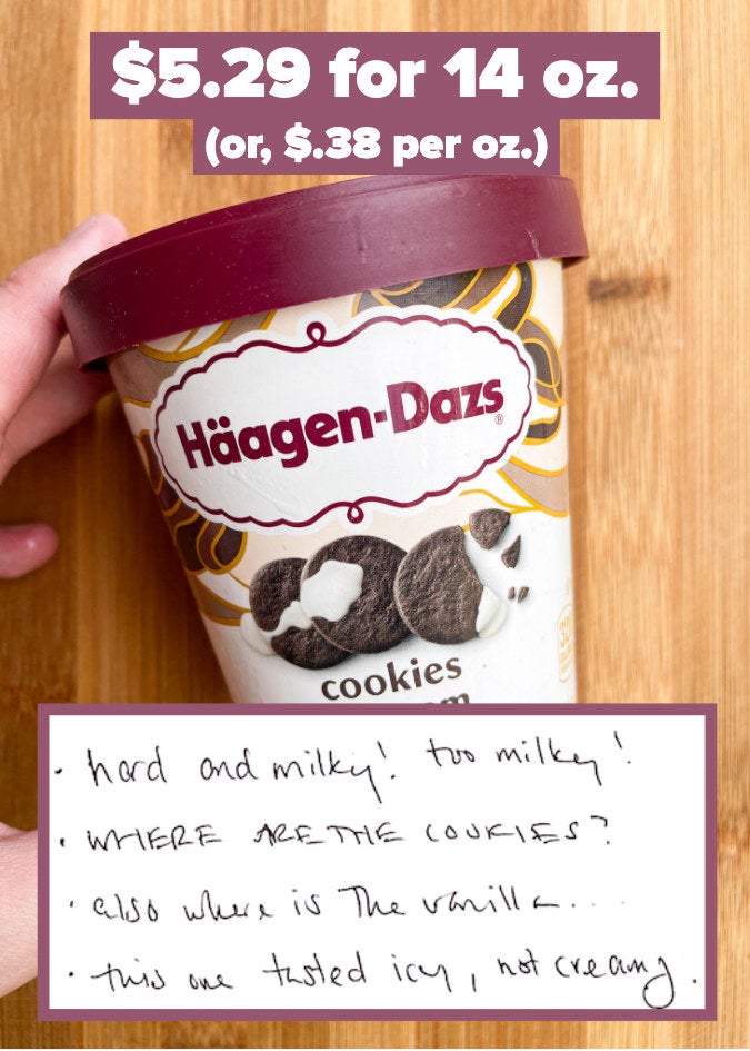 Pint of Haagen-Dazs ice cream with notes that say: Where are the cookies?