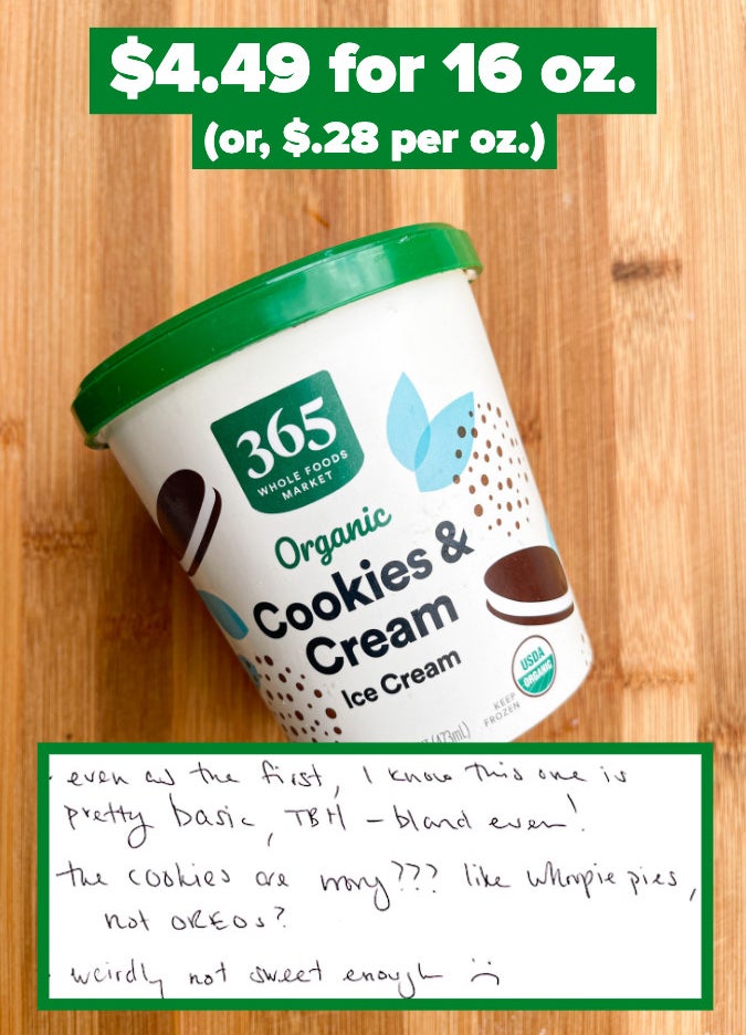 365 ice cream with notes that say, &quot;weirdly not sweet enough :(&quot;