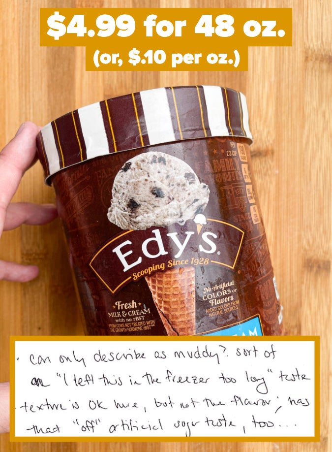 A pine of Edy&#x27;s ice cream with notes that read, &quot;texture is okay here, but not the flavor&quot;