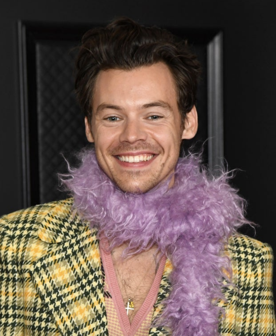 Harry in a yellow suit with a purple boa around his neck