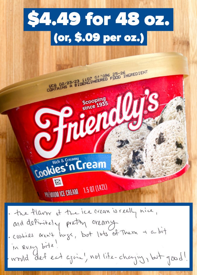 Friendly&#x27;s ice cream with text that reads, &quot;cookies aren&#x27;t huge, but lots of them and a bit in every bite!&quot;