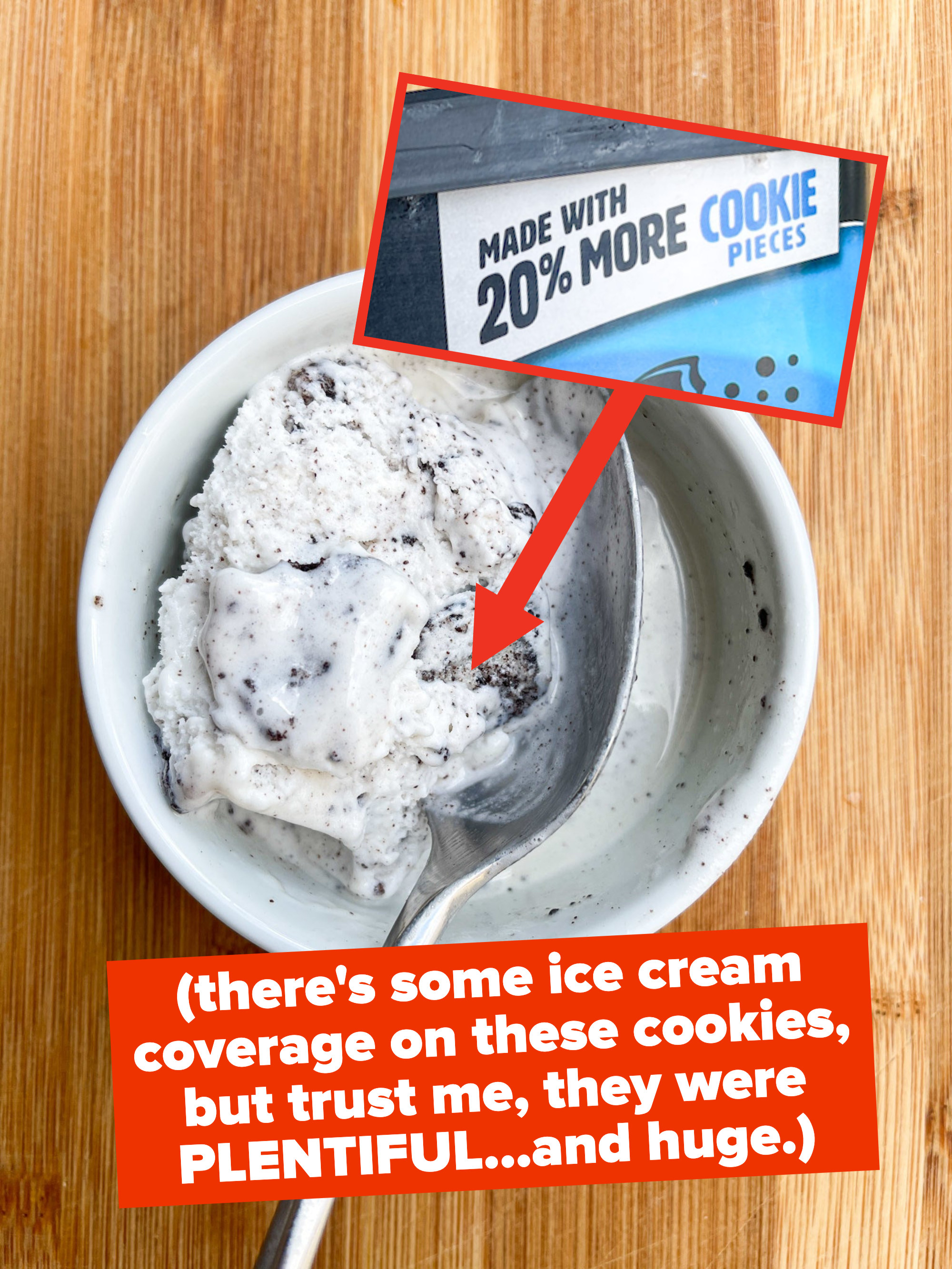 A pint of ice cream with text that says, &quot;(there&#x27;s some ice cream coverage on these cookies, but trust me, they were PLENTIFUL...and huge.)&quot;
