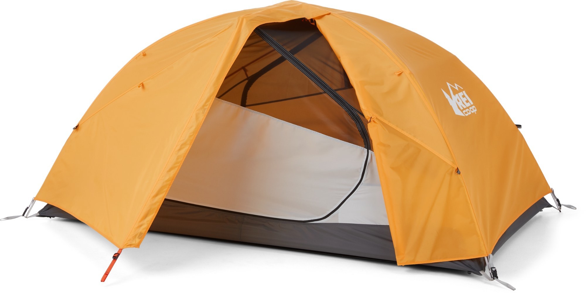 small tent with orange rain fly
