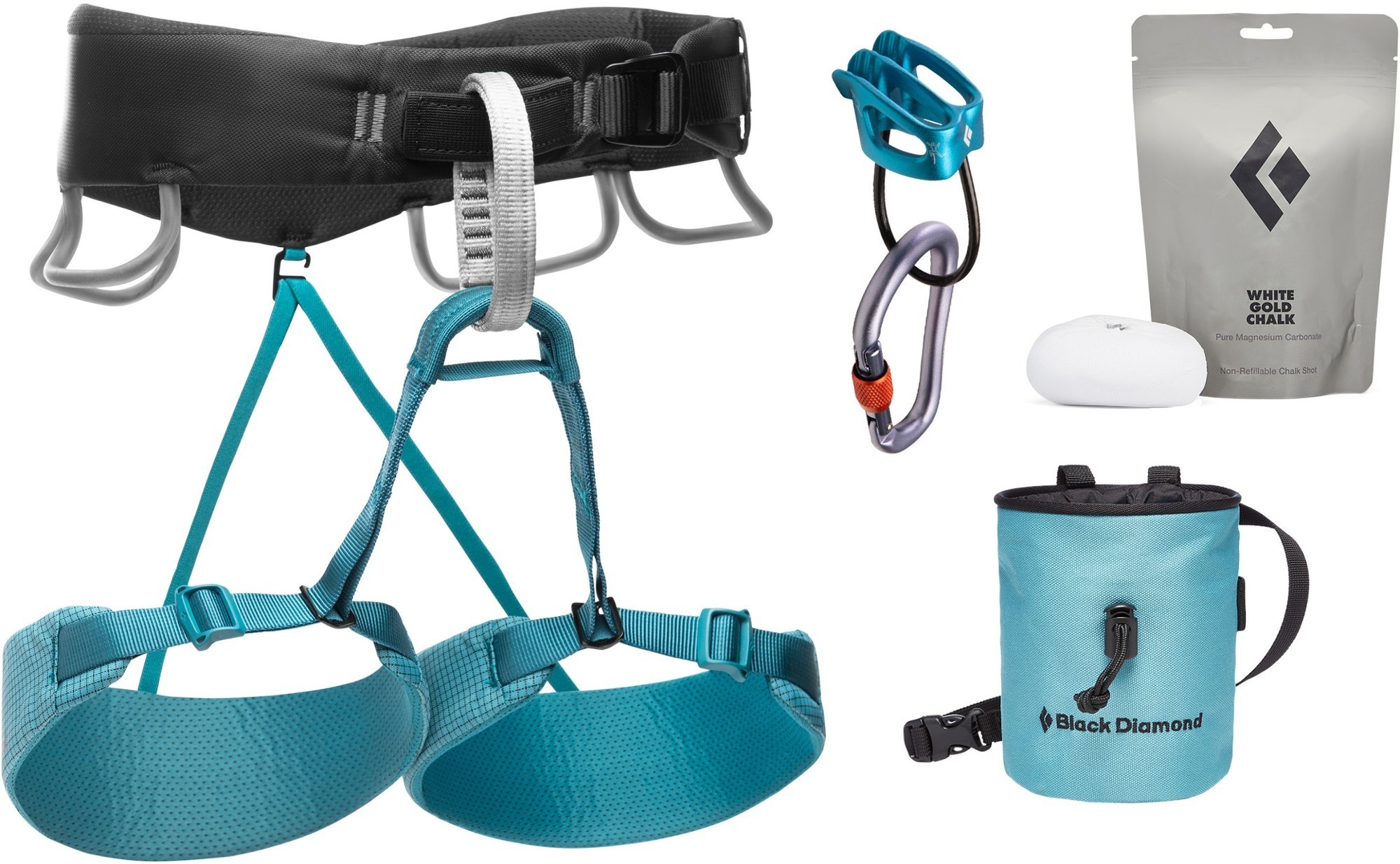 the teal and black women&#x27;s climbing harness and the set