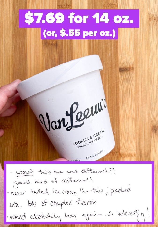 A pint of Van Leeuwen ice cream with notes that say, &quot;lots of complex flavor.&quot;